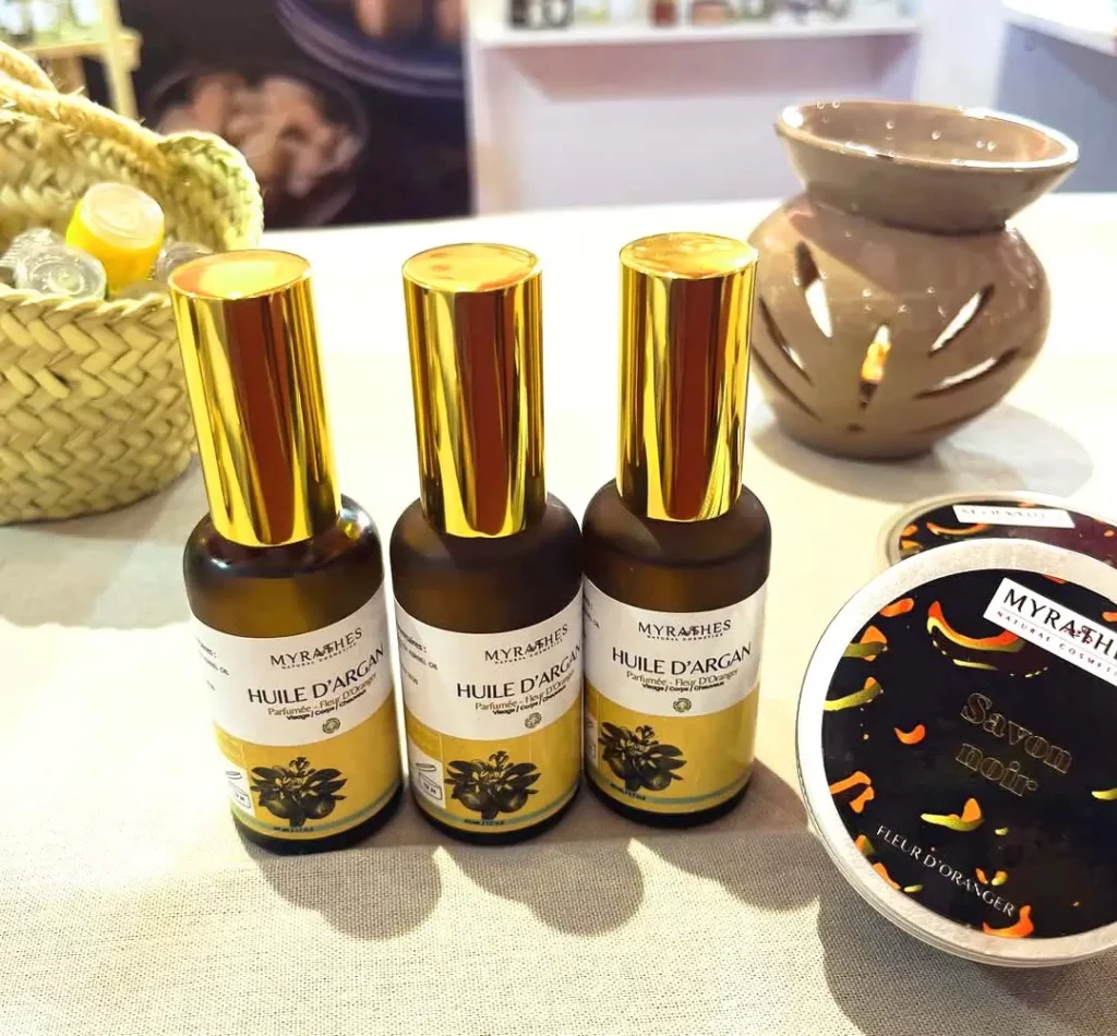 Produits Myrathes : huile d’argan, savon noir, eau de rose, huile de pépin de figue de barbarie